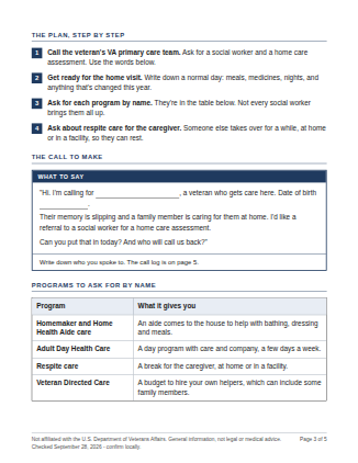 Sample page 3 of a full plan: the steps in order, what to say on the call, and the programs to ask for by name.